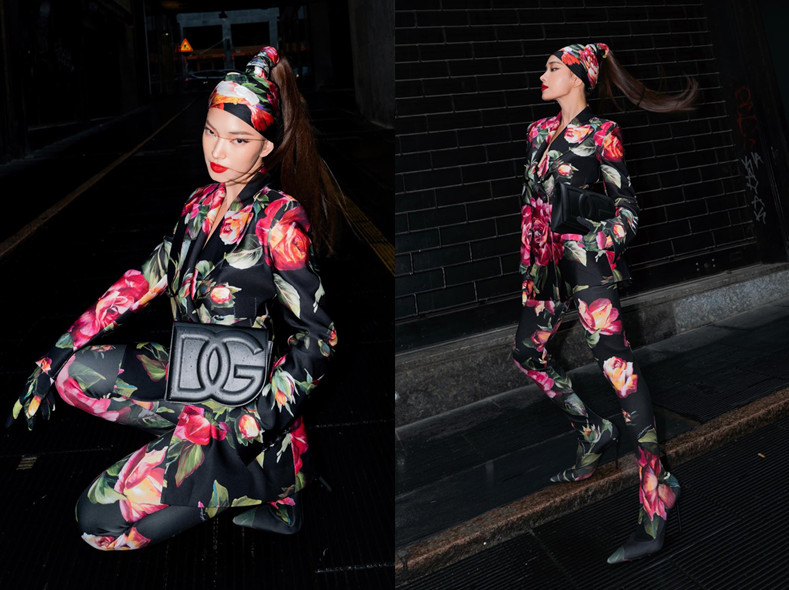 Châu Bùi trong một thiết kế ngập tràn hình ảnh cánh hoa hồng - đã được Dolce & Gabbana tinh chỉnh lại kích thước để ôm sát dáng vóc cô nàng.